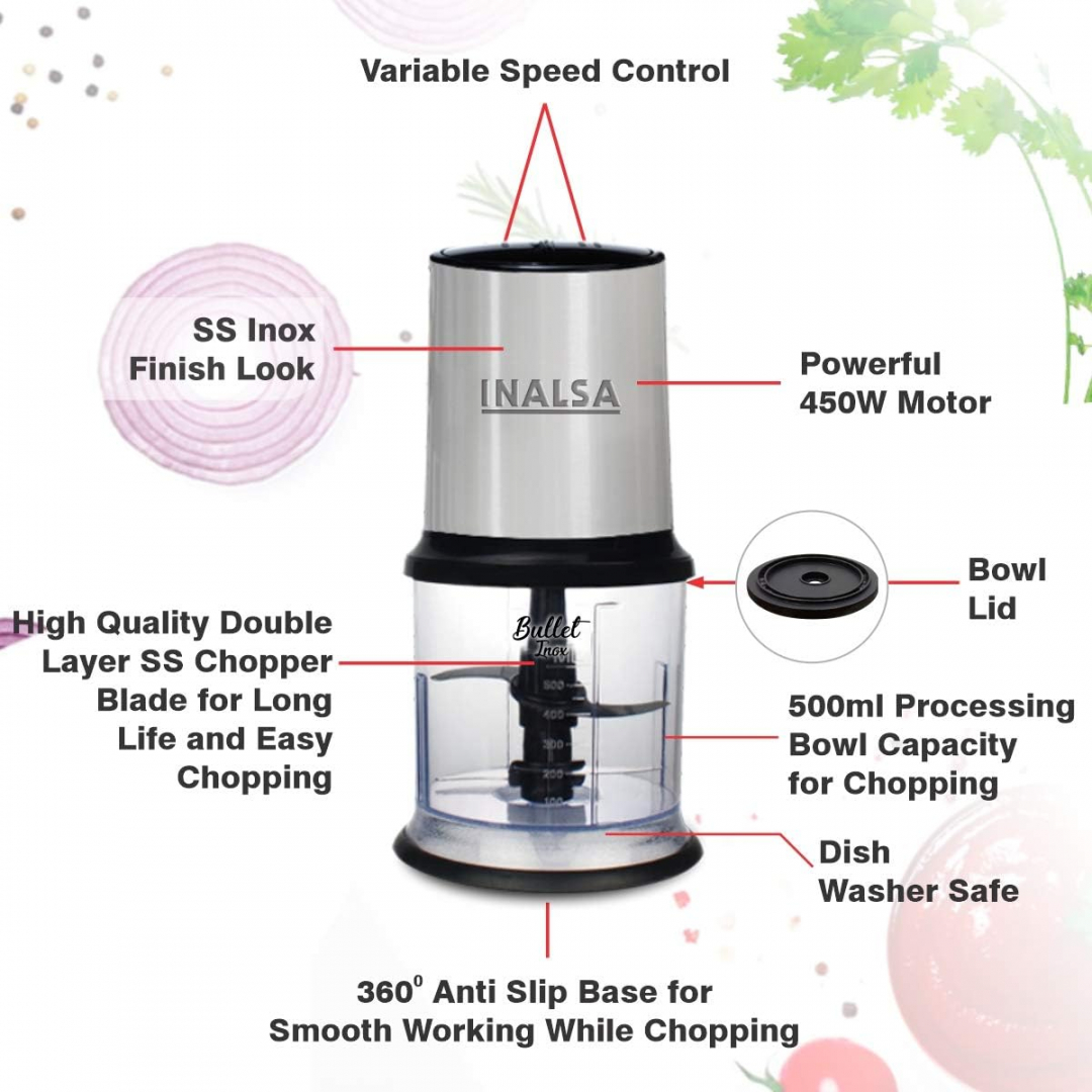 INALSA Chopper Bullet Inox-450W with Variable Speed &100% Pure