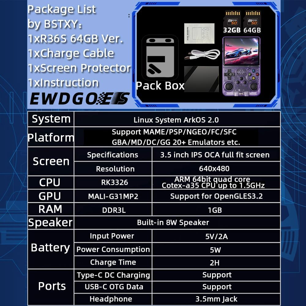 EWDGOES R36S Handheld Game Console 3.5 Inch Preinstalled Emulator
