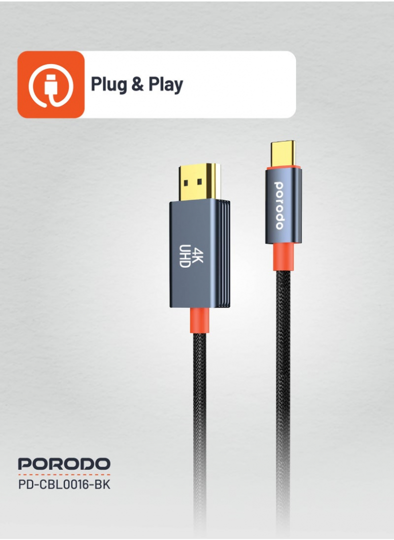 Porodo Woven Braided Cable Type-C to HDMI Ultra-HD Video