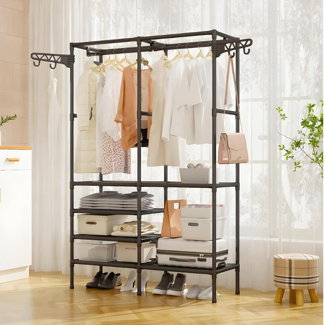 Multi-Tier Garment Cloth Rack Shelf Organizer with 2-Hanger