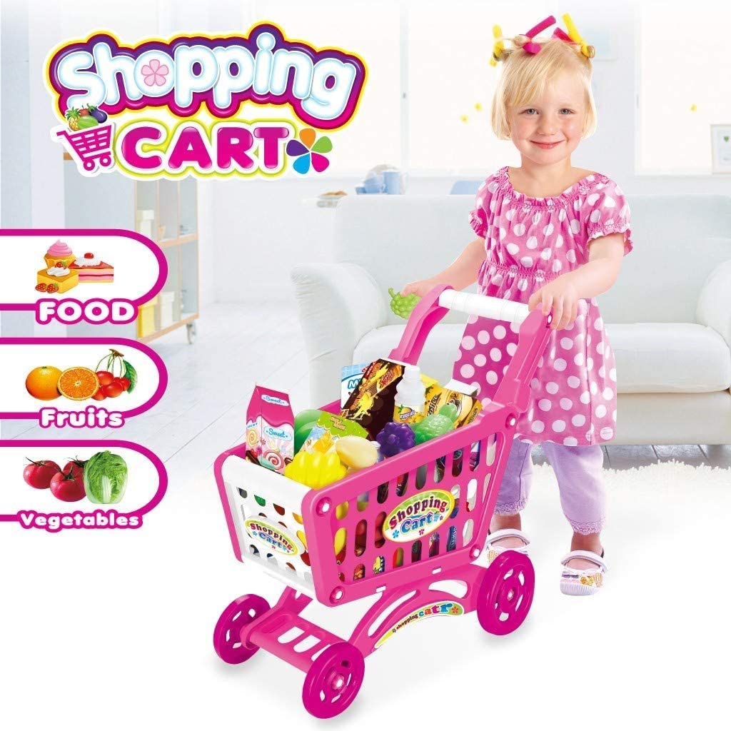 Shopping Cart Kids Grocery Trolly, Pretend Play Food, Fruits And