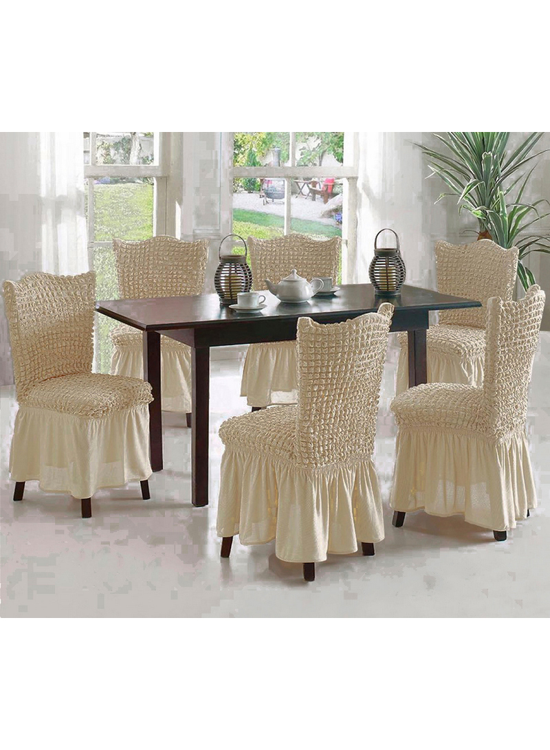 6-Piece Stretchable Dining Chair Cover Set Free Size Beige Camel - Main Image